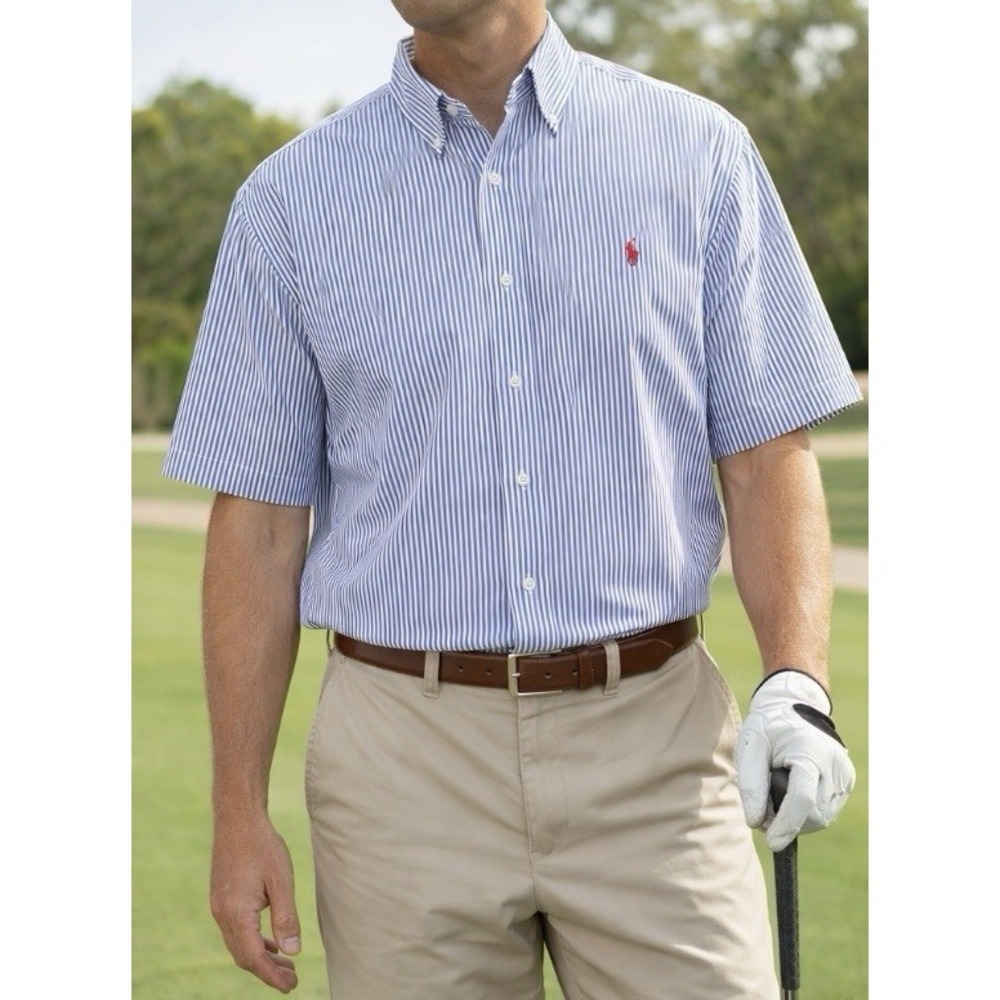 Ralph Lauren Blake Shirt Men's L Blue White Stripe Short Sleeve Cotton Logo